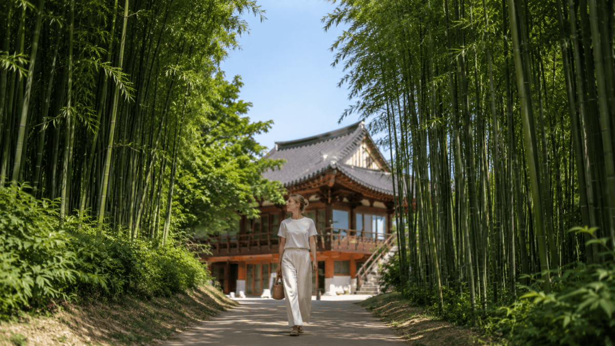 A woman walks a sunlit path through the Juknokwon bamboo forest toward a hanok, slowing to listen.