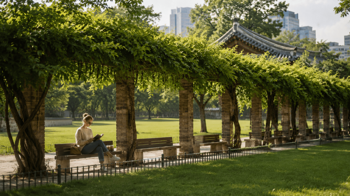 A woman reads alone on a bench at Deoksugung Palace — palace walls behind her, Seoul skyline above, the kind of stillness Korean book cafés carry into the open air.
