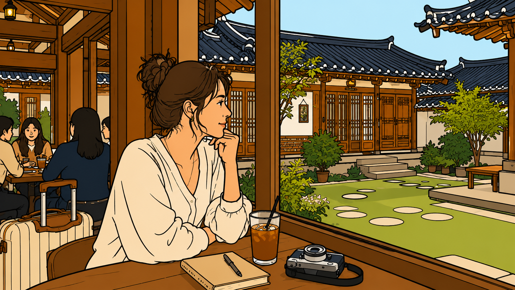 Minhwa-style illustration of a visitor at a hanok café table — iced coffee, notebook, and camera in front of her, Korean café culture visible in the courtyard garden beyond the window.