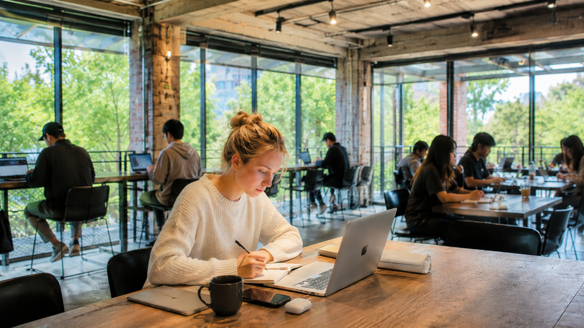 A woman works with coffee and a laptop at a Korean café — the Korean café experience as a purchasable state of focus, away from home distractions.