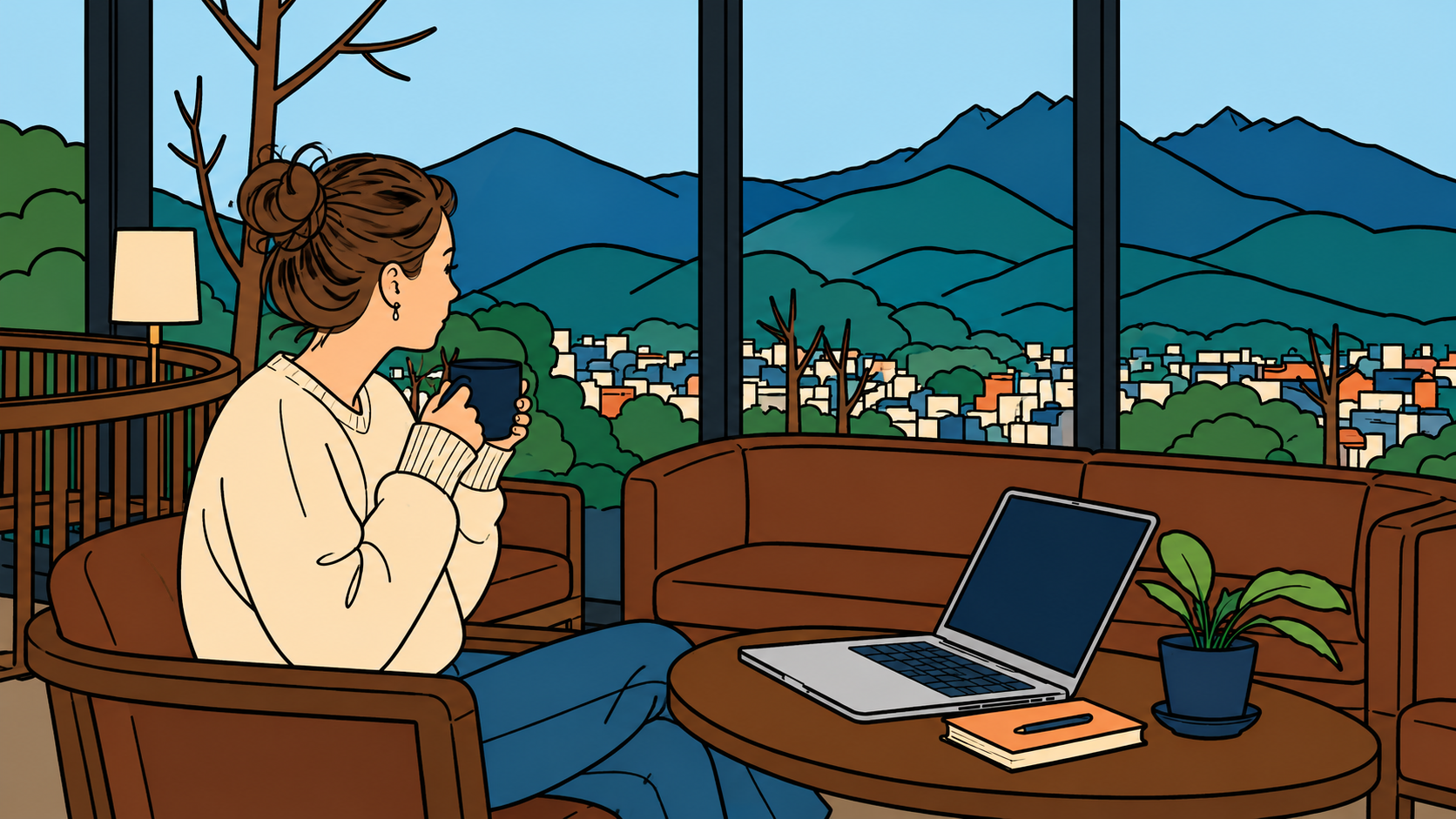 Illustration of a woman with coffee at a mountain-view Korean café — the Korean café experience as a state of mind, pressure lifting before the screen opens.