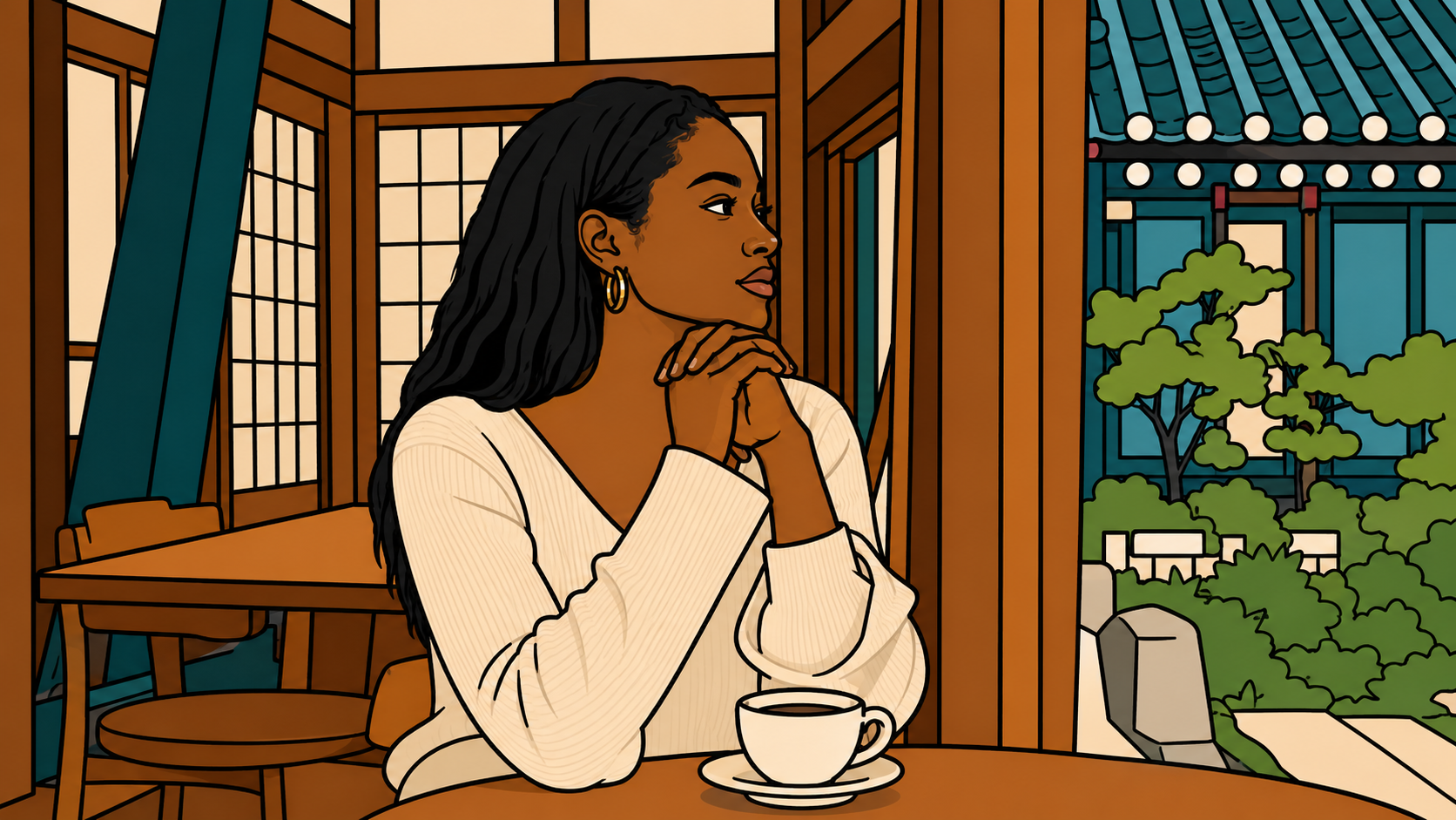 A minhwa-style illustration of a woman sitting thoughtfully in a hanok café, evoking the Korean lifestyle system.