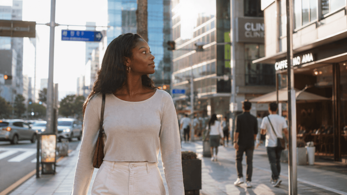 A woman walks a late-afternoon Gangnam street where people move between cafés and clinics, the Korean lifestyle system written into the city's pace.