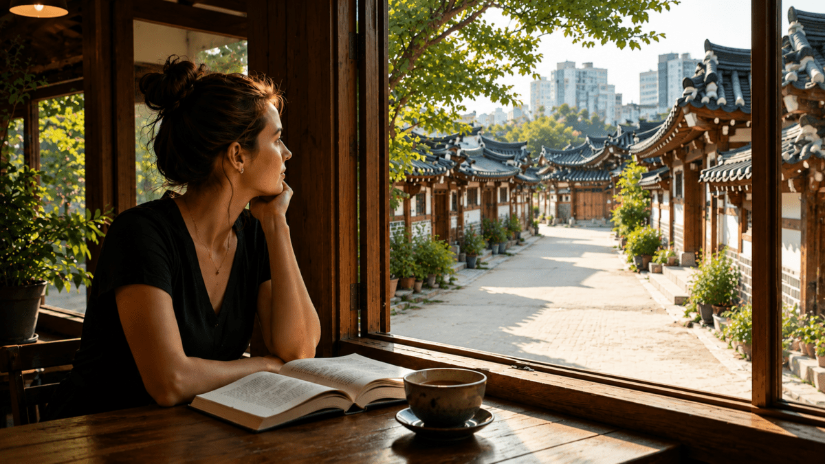 A woman pauses mid-read at a Seoul hanok café window, watching tiled rooftops outside — a quiet moment Korean reading culture makes room for.