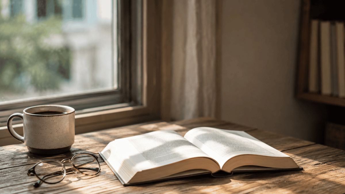 Open book, coffee cup, and reading glasses on a wooden desk — morning light falling across the page in quiet stillness.