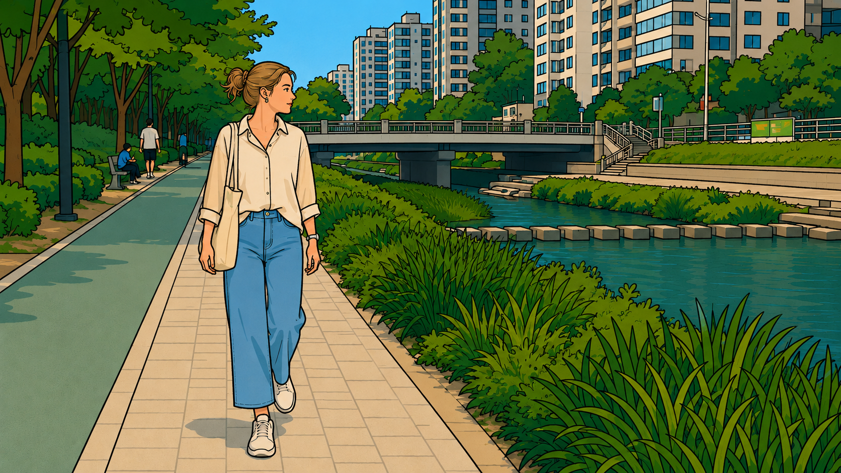 A flat illustration of a woman walking along a Seoul stream path with apartment buildings, cyclists, and pedestrians, representing Korean walking culture.