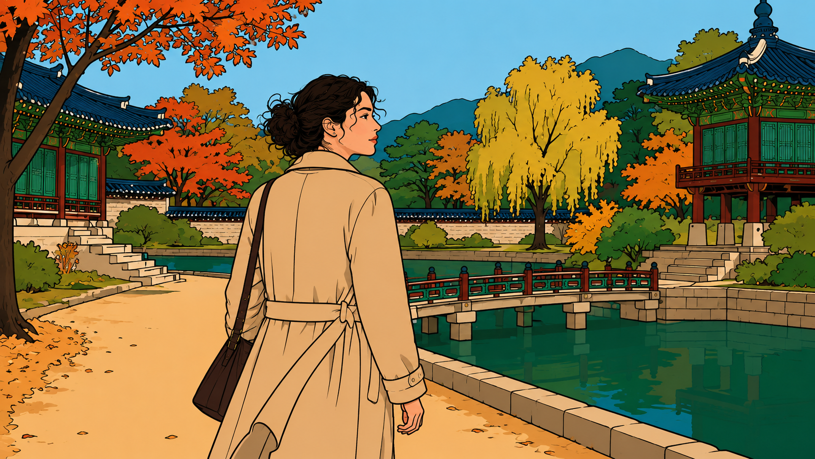Illustrated woman walking through a palace garden in autumn. Life timing shifts like seasons — the same path opens differently when your internal clock changes.