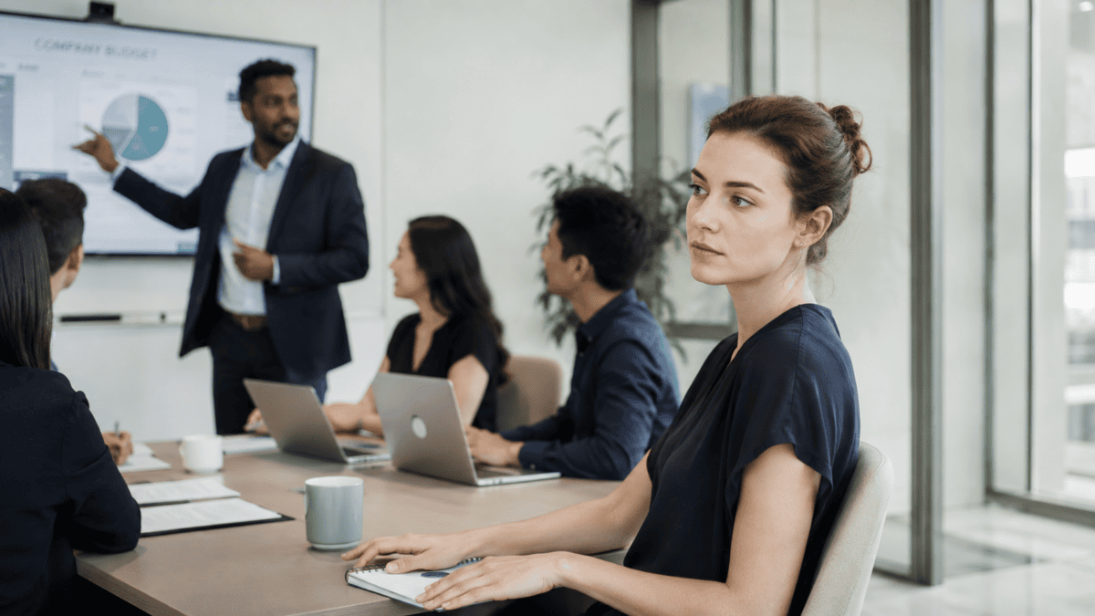 Woman sits still at a meeting table as a colleague presents her idea — taking credit for others' work in a lit room.