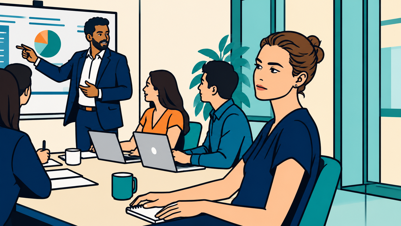 Illustration of a woman sitting still at a meeting table as a colleague presents her idea — taking credit for others' work.