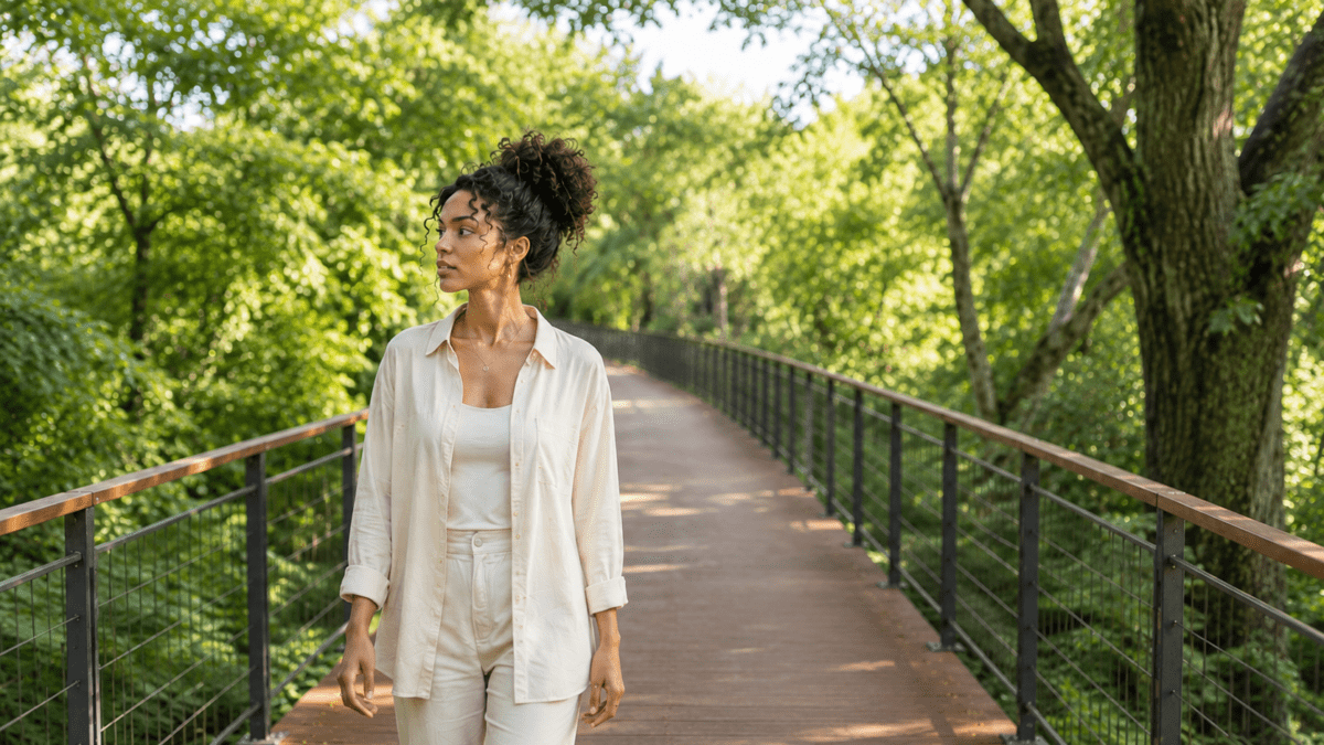 A woman walks alone on an elevated wooden deck trail surrounded by dense green forest canopy — the Namsan forest walk in Seoul.