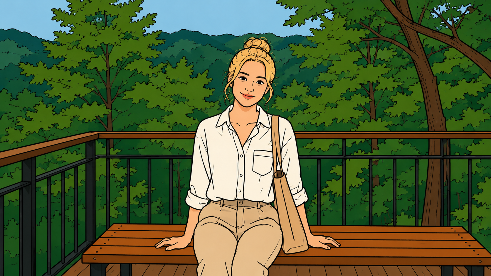 A woman sits on a wooden bench at Namsan viewpoint Seoul, green forest spreading behind her under a clear blue sky