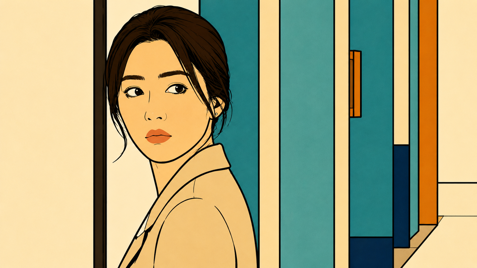 A woman glances back over her shoulder near a doorway, caught between staying and leaving — the quiet tension of people pleasing