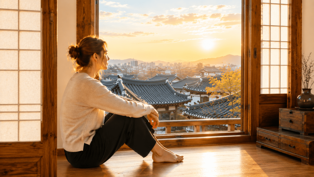 A woman sits alone on a Korean room floor at dusk, knees drawn in, watching the sunset over rooftops — the physical symptoms of stress held in the body before they're given a name.
