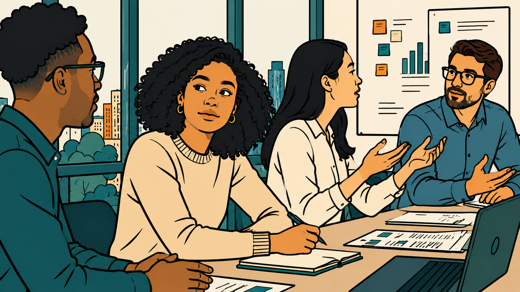 Illustration of a woman nodding along in a meeting while looking subtly distant — the signs of quiet quitting from outside.
