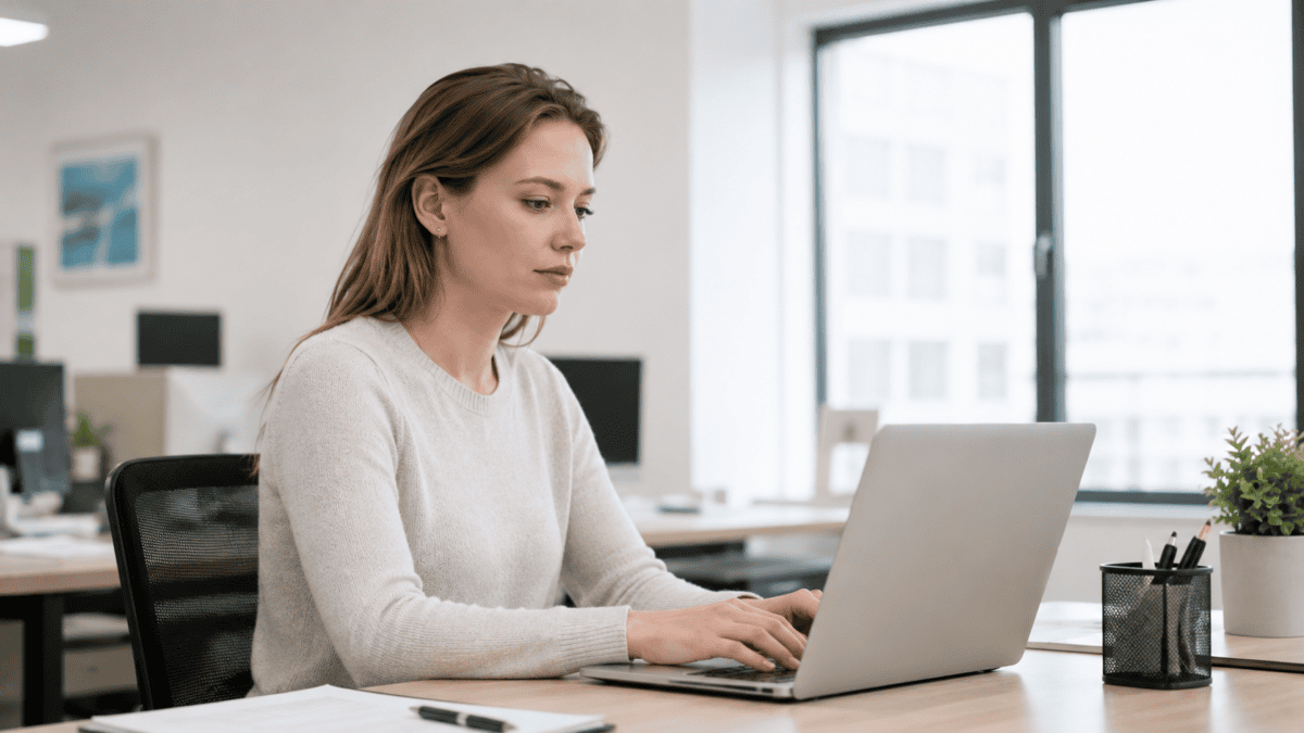 A white woman at her office desk doing only the minimum required work, present but detached from the screen.