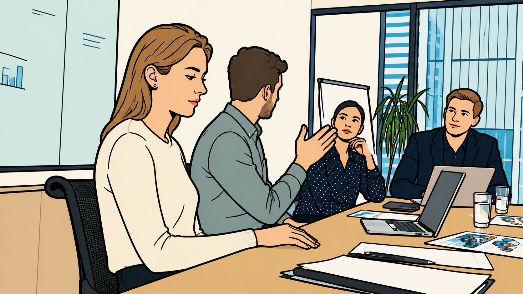 Illustrated thumbnail of a young white woman with a calm, withdrawn expression in an office setting, representing quiet quitting.