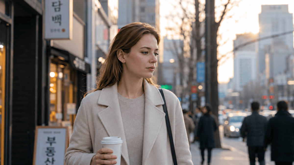 A white woman walking home from work in the late afternoon, looking thoughtful on a modern city street.