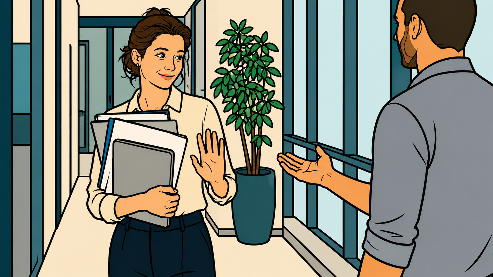 Illustration of a woman waving off an offered hand, arms full, the quiet habit of never asking for help.