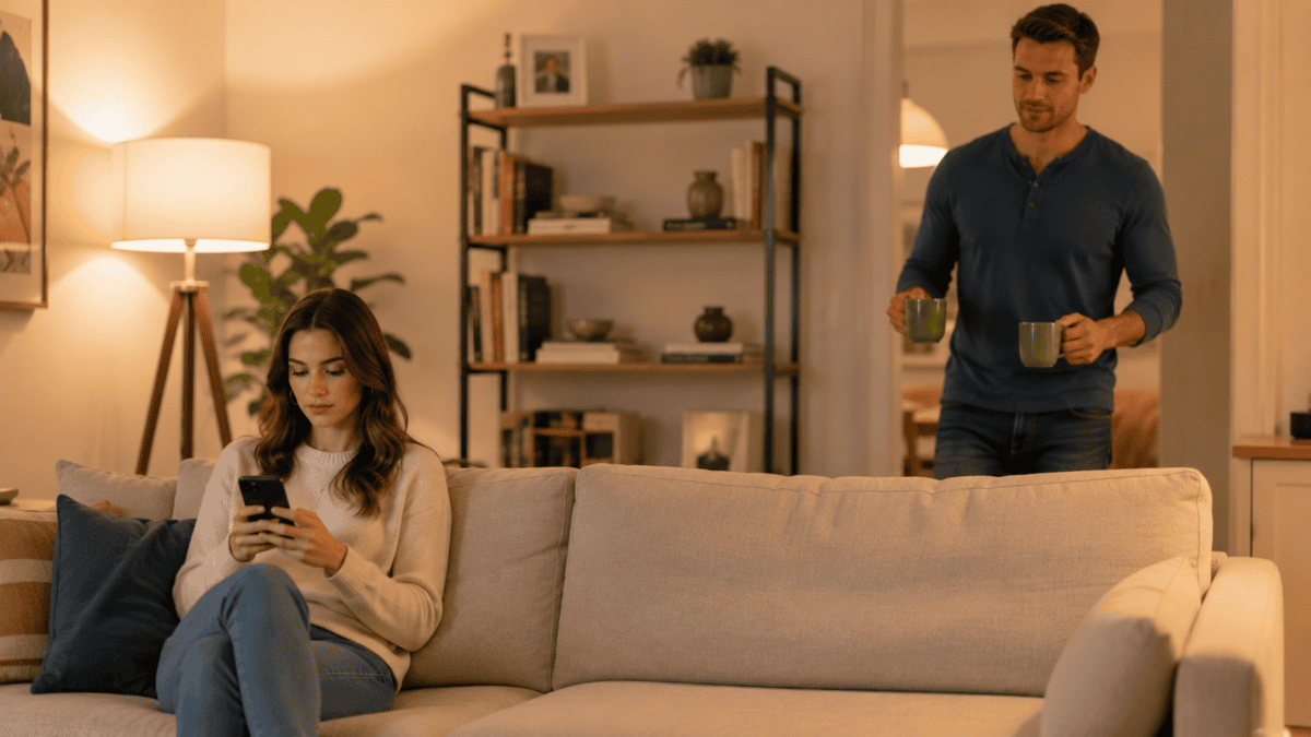 Man bringing two mugs of tea toward a couch where a woman sits at the far end — the quiet truce that ends the same fight over and over