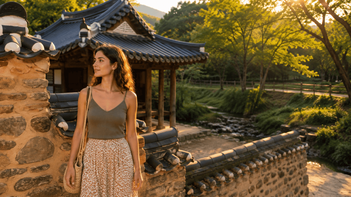 A woman pauses by a stone wall at the Soswaewon garden in golden evening light, pavilion and stream behind.