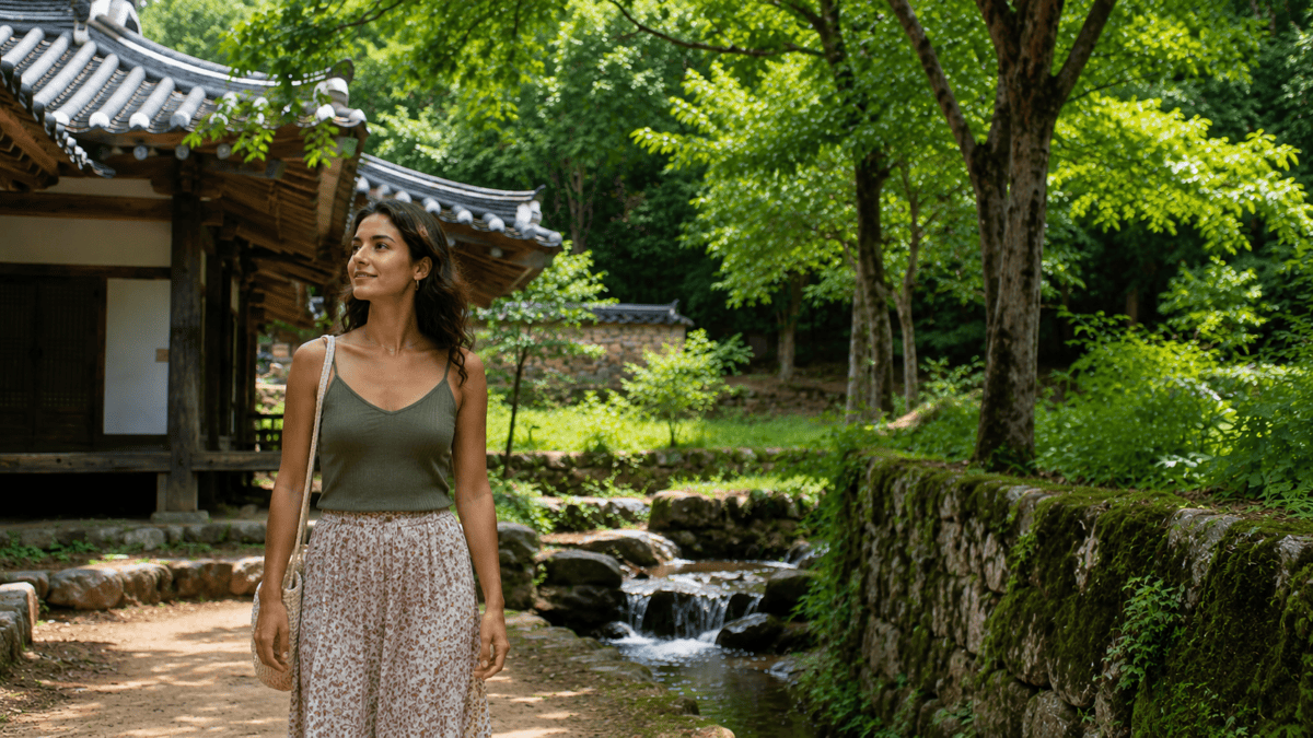 A woman walks into the Soswaewon garden in summer, an old pavilion and a stream among deep green trees.