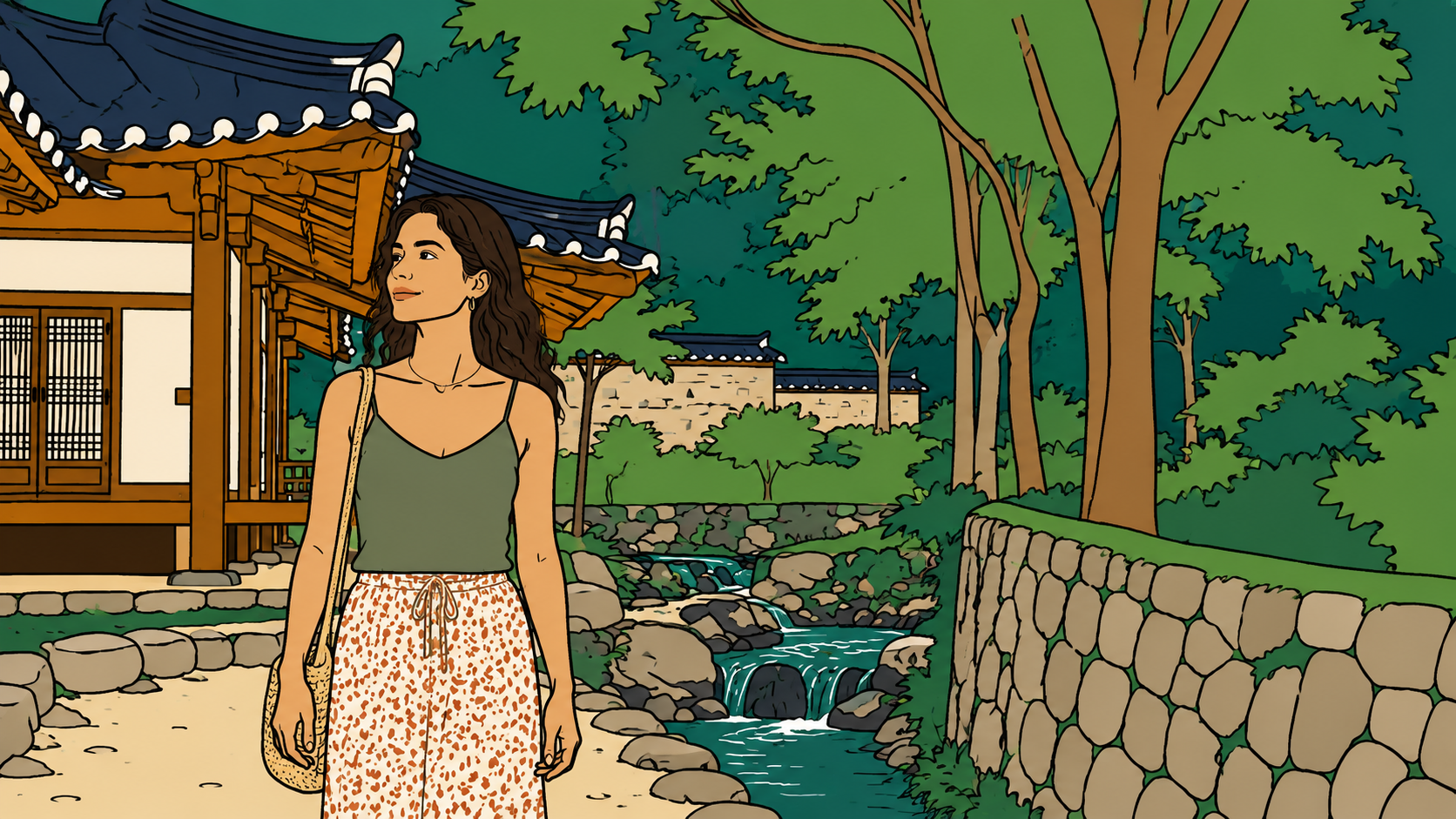 Illustration of a woman at the Soswaewon garden in summer, tiled pavilion and stream among green trees.