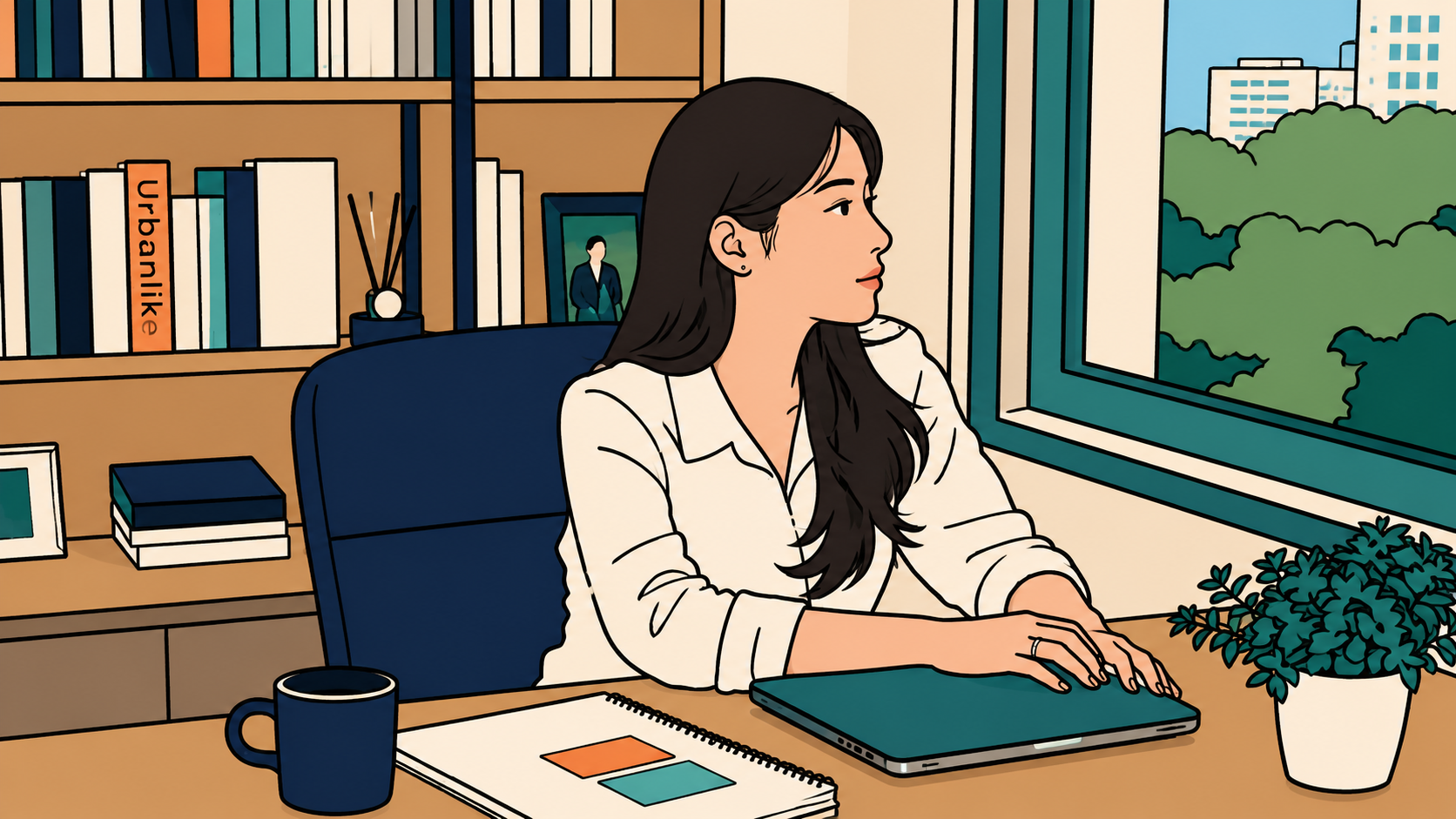 A woman at her desk with a half-closed laptop, illustrated — stopping before finishing, one page from done.