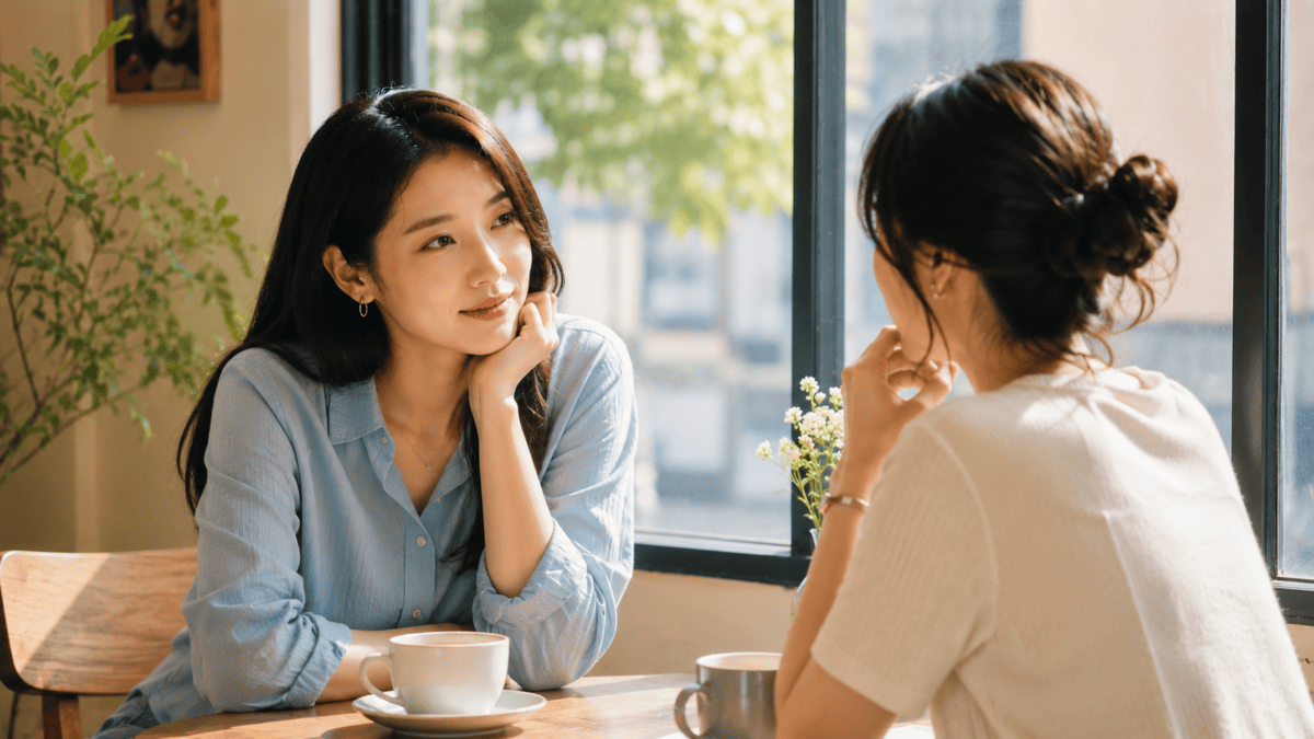 Two women talk over coffee, one unable to name what looks different—the subtle aesthetic working exactly as intended.