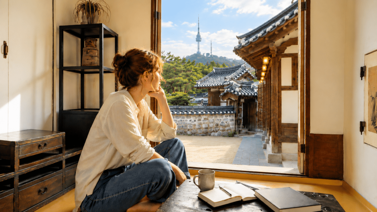 A woman sits alone in a Korean room at dusk, notebook beside her — a sunday night headache settling in before the week begins.