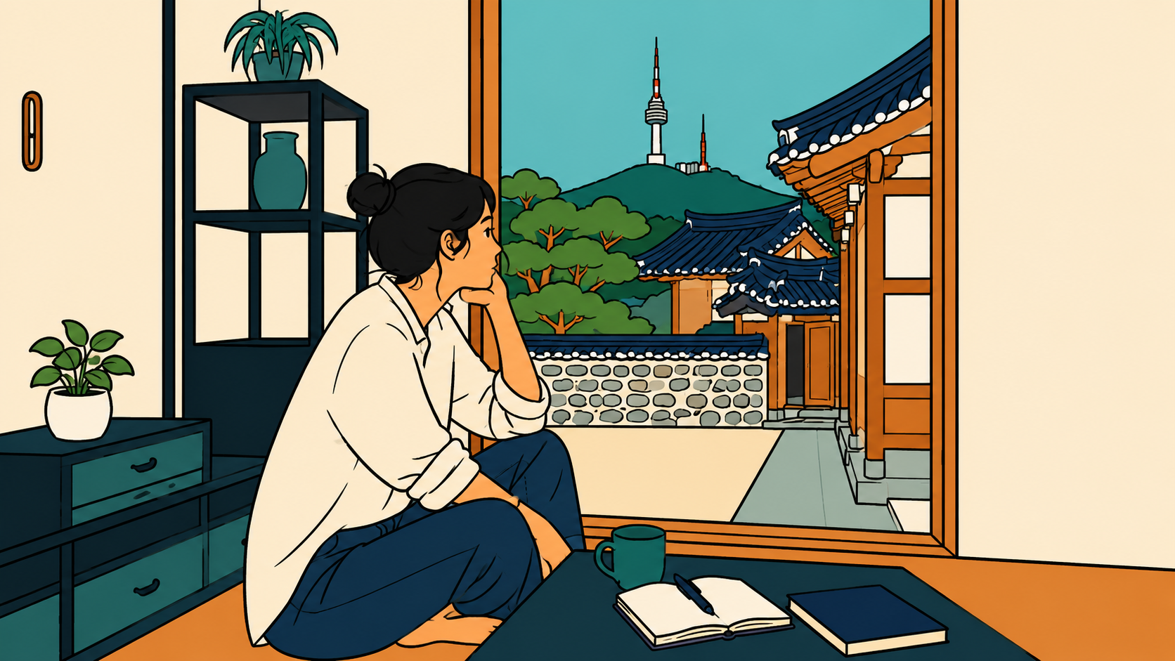 A minhwa-style illustration of a woman sitting alone in a Korean room at dusk, notebook and cup beside her — the sunday night headache arriving quietly, the body already knowing what the mind hasn't named yet.