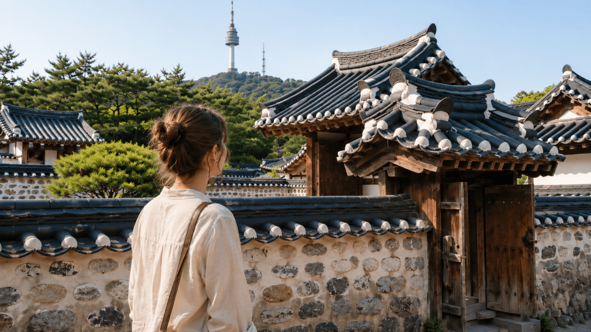 A woman stands facing traditional Korean rooftops at dusk, Namsan Tower rising behind them — the sunday night headache transition already underway, the weekend ending before it's officially over.
