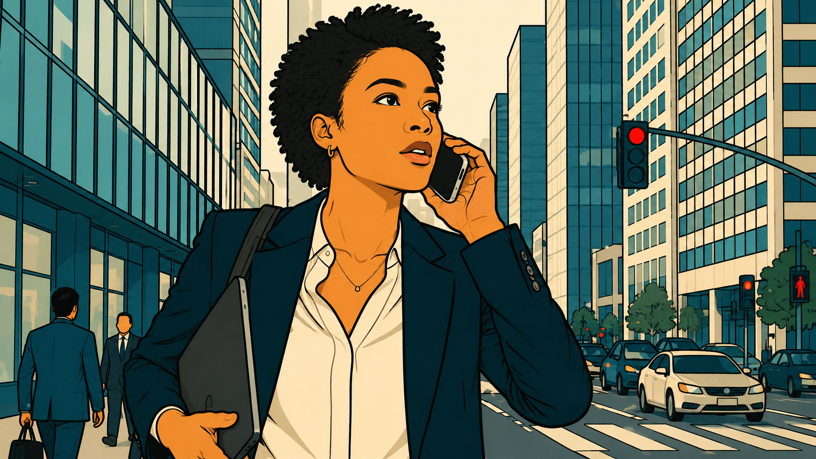 Illustrated woman moving through the city, phone to ear. Survival patterns activate under pressure — decisive, clear, and nothing like the person she is in calm.
