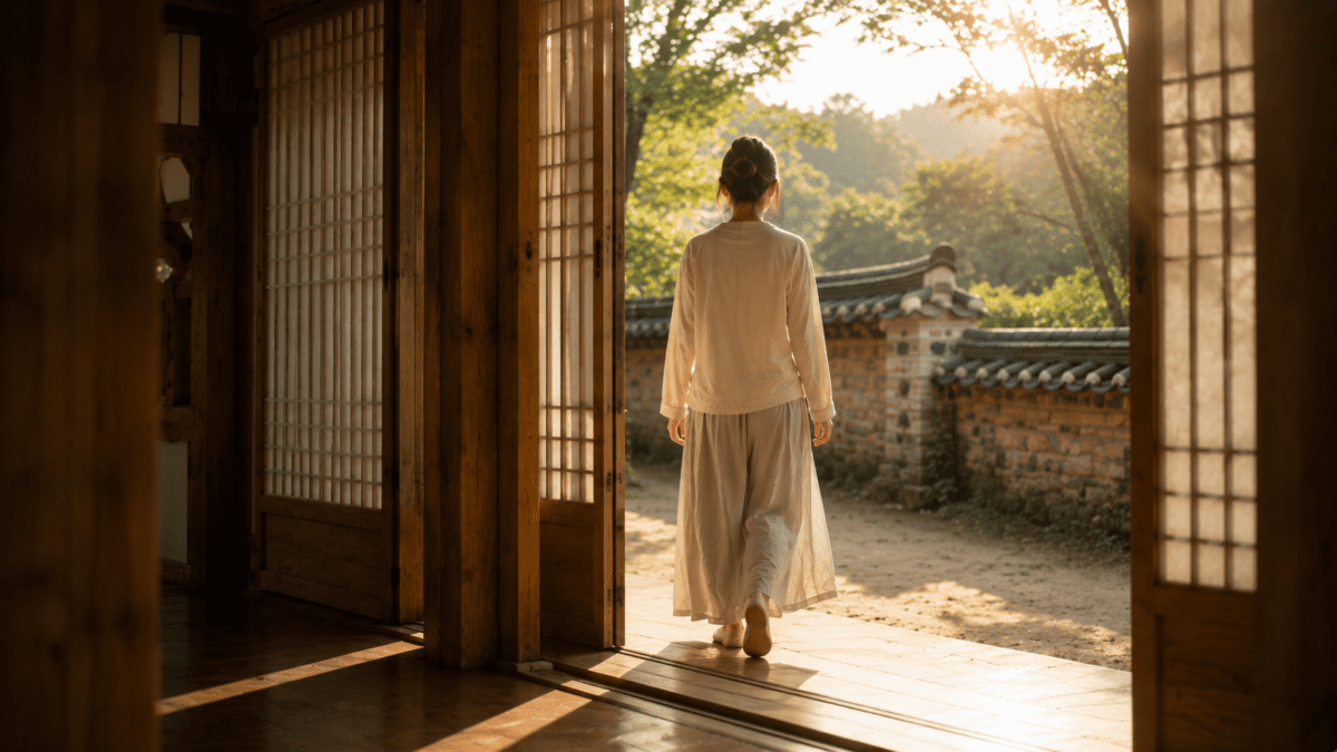 Woman stepping through open hanok doors into morning light, a different choice finally available.