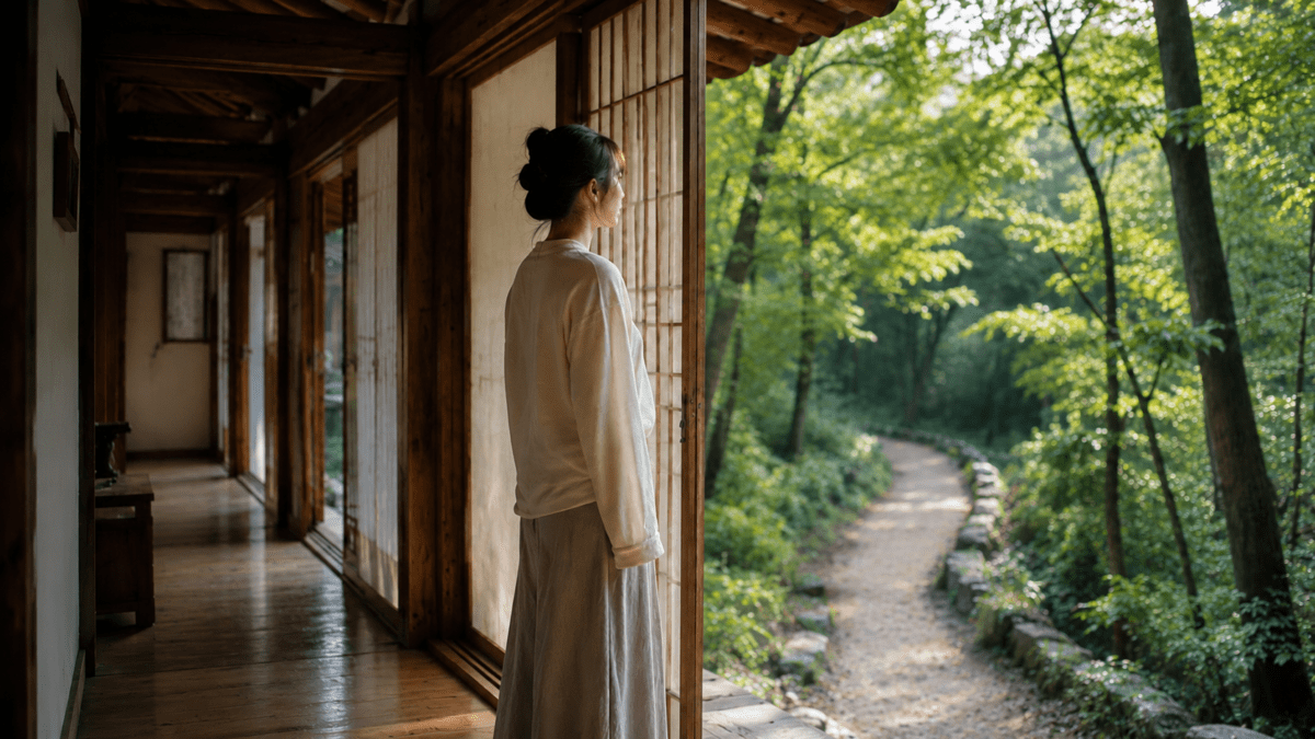 Woman standing at an open door facing a forest path, the moment timing and decisions finally align.