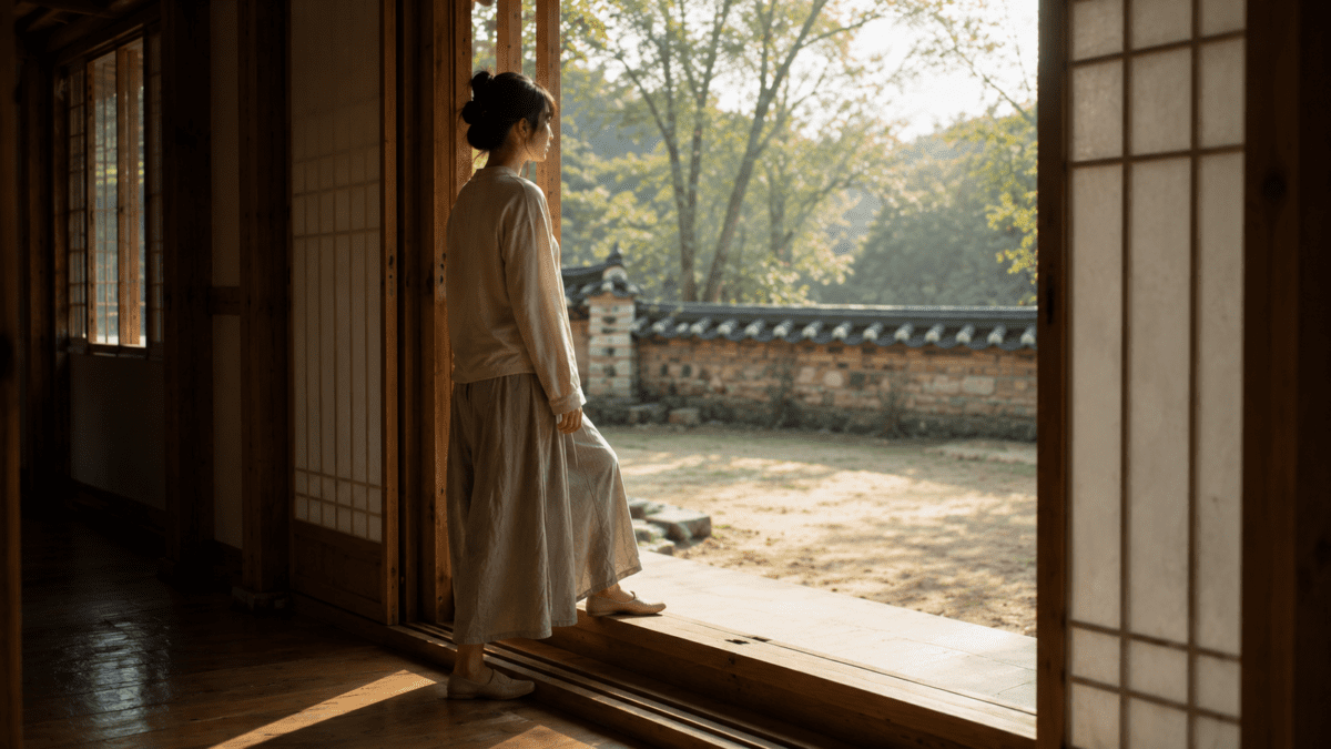 Woman standing at the threshold of a hanok room, looking out, readiness never quite feeling clear.