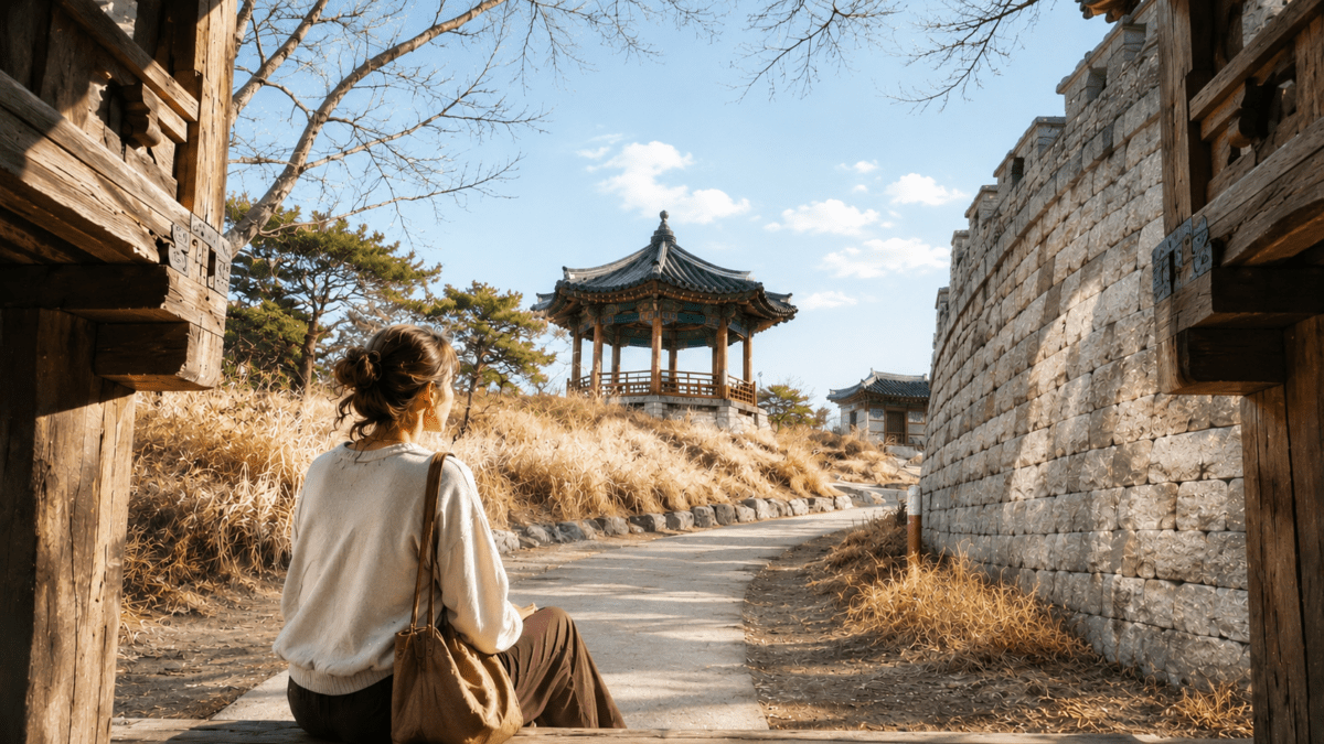 A woman sits alone on a path between ancient stone walls, facing a traditional Korean pavilion — the quiet between seasons where timing and personality quietly shift.