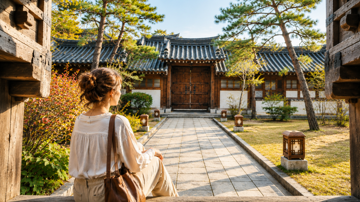 A woman sits facing a traditional Korean courtyard at dusk — pressure lifted, the door ahead, timing and personality shifting as the season turns.