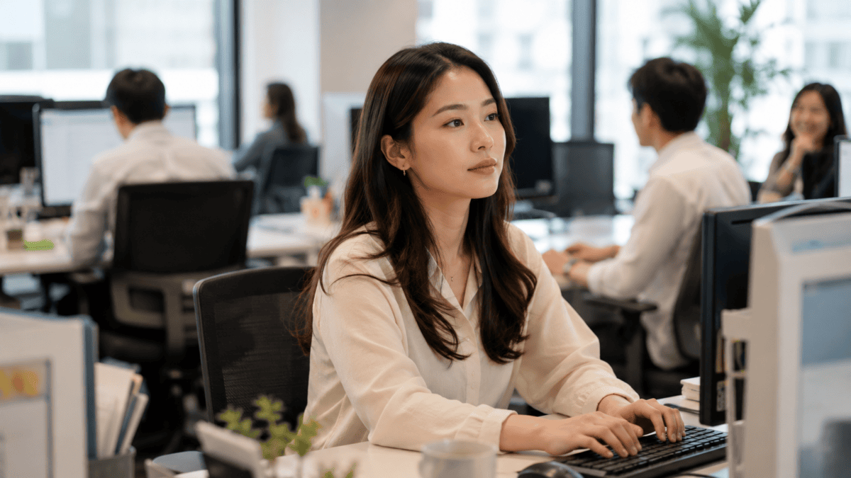Woman sits at her desk looking past her screen while coworkers carry on — no motivation at work she can't explain.
