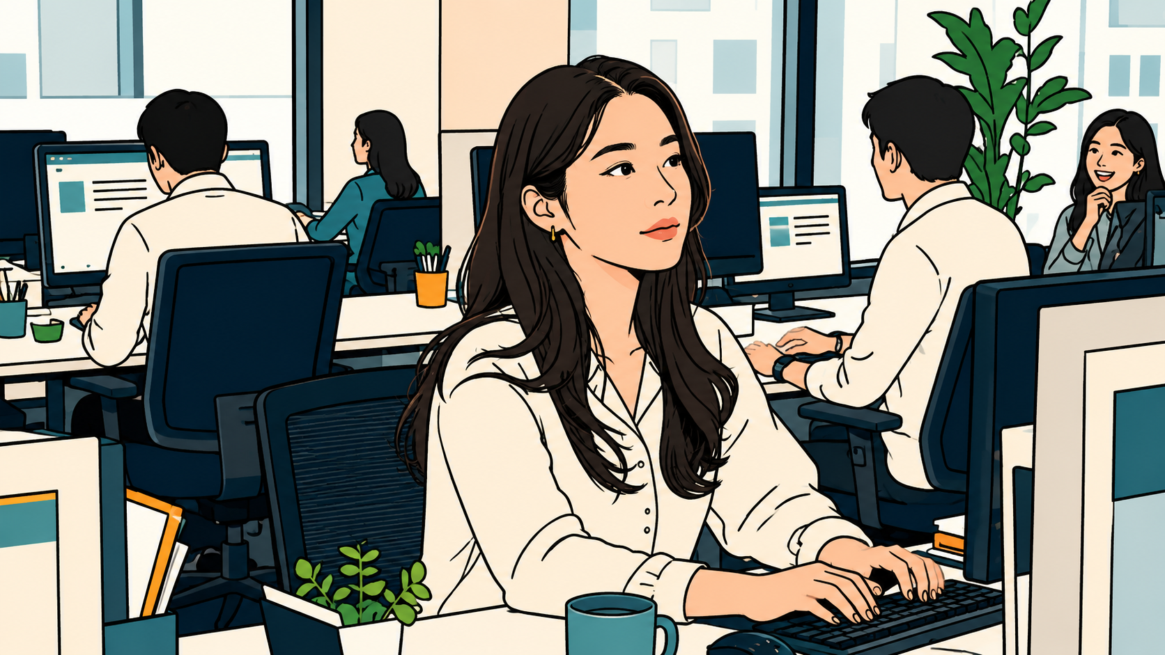 Illustration of a woman at her desk looking past her screen — no motivation at work she can't explain.