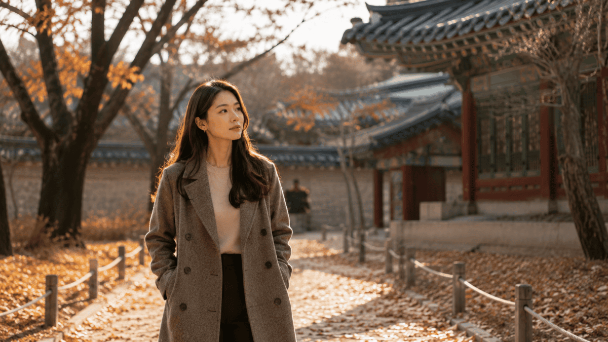 Woman walks slowly through a palace garden of fallen leaves — no motivation at work as a season, not a failure.