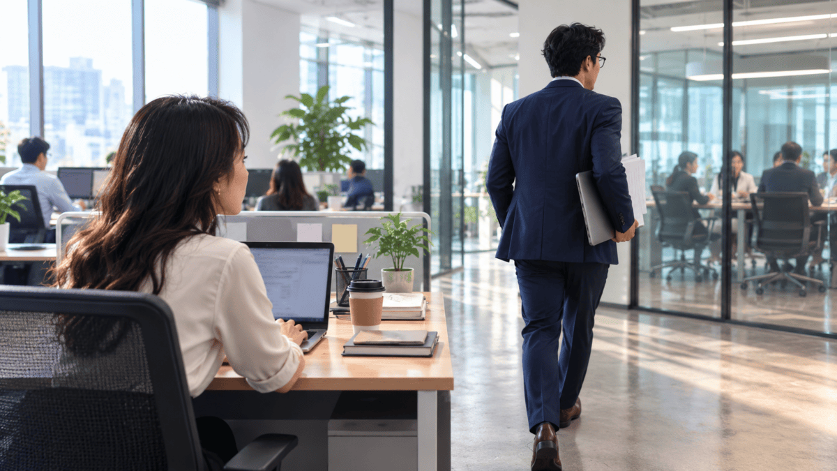 Manager carries work toward a meeting room while an employee stays at her desk, showing the office politics behind credit.