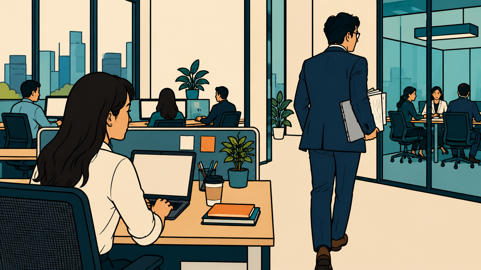 Illustration of a manager carrying work toward a meeting room while an employee stays at her desk, showing office politics behind the credit.