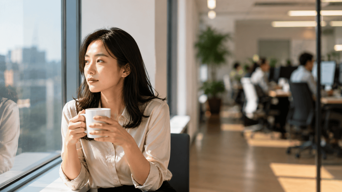 Woman sits by the office window reading the pattern of office politics with calm attention, not excusing it.