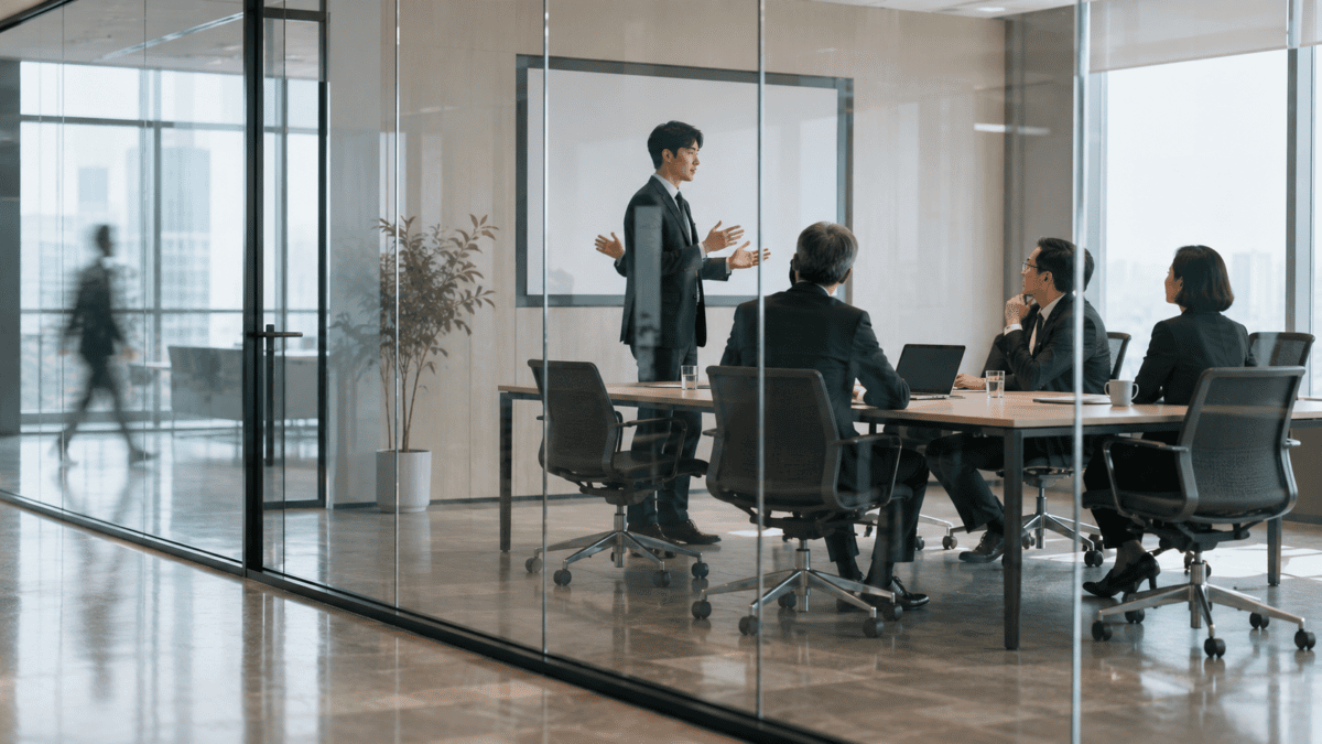 Manager presents to senior colleagues in a glass-walled room with no team inside, showing how office politics sends visibility upward.