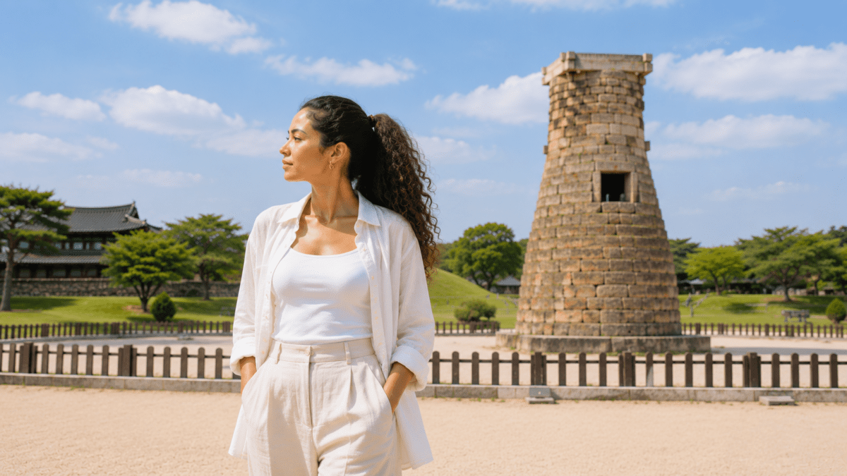 Woman before Cheomseongdae Observatory in Gyeongju, seeing her structure clearly — K-Saju Pyeon-jae and luck runs out.