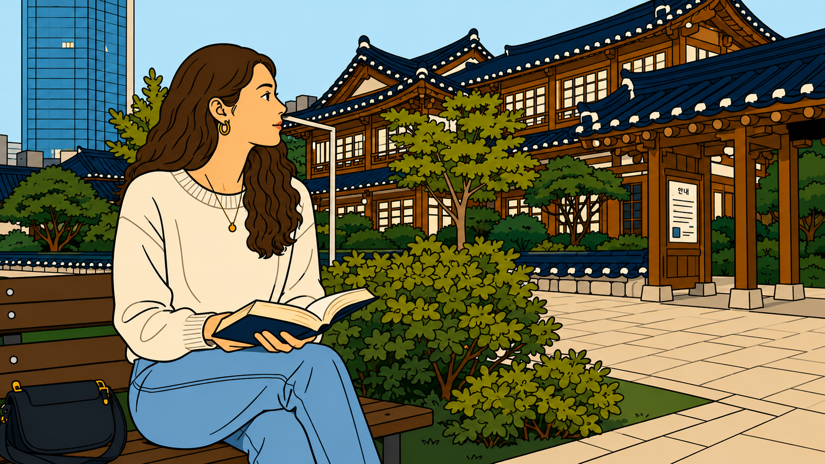 A minhwa-style illustration of a woman on a bench outside a Korean hanok, book open, looking away — the work stress cycle named at last, the question it carried still open, still following her forward.