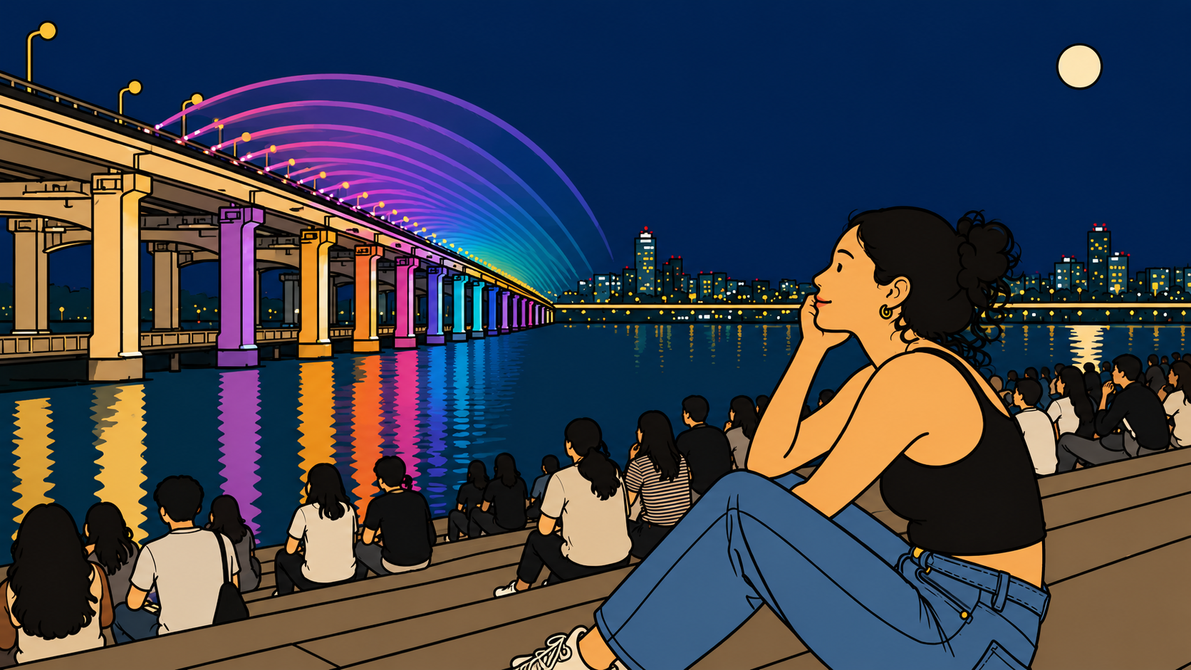 Illustration of a woman on the phone by the Han River at night — the emotional caretaker reassuring a parent.