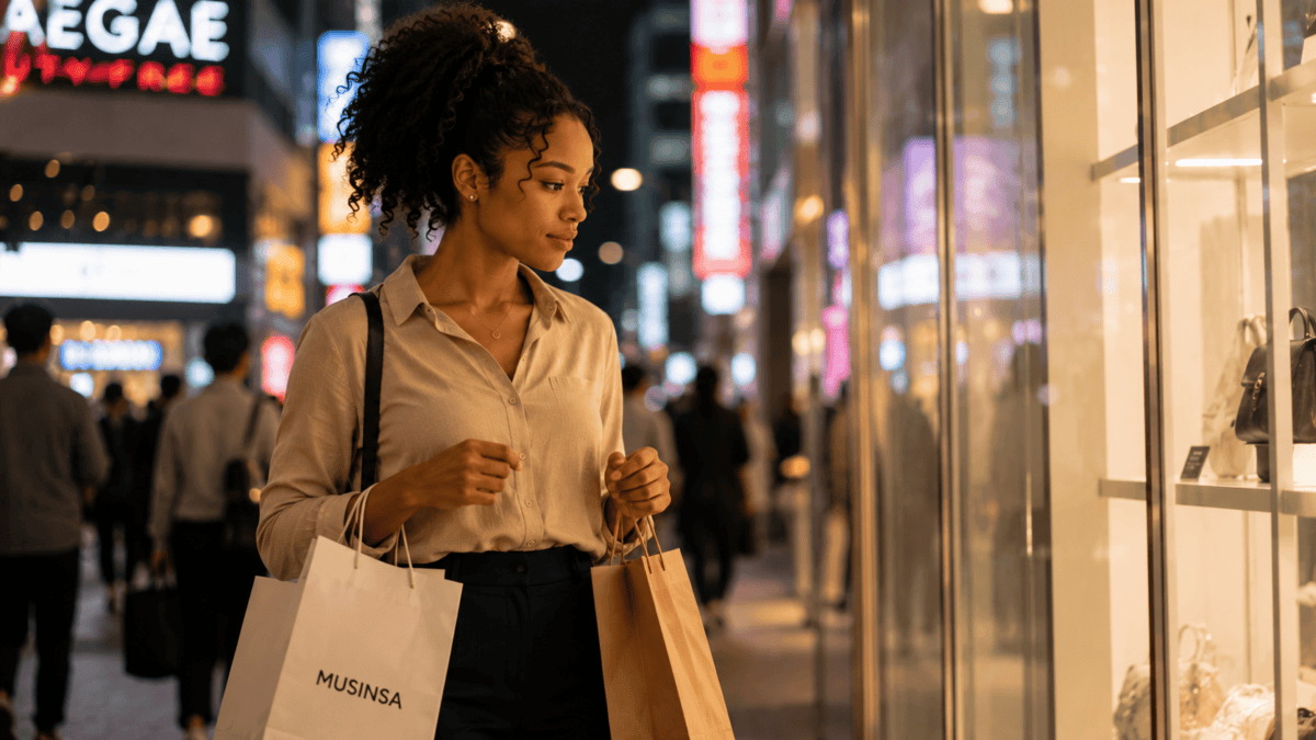 Woman with shopping bags pauses at a bright storefront, eyes past the display — fear of success leaks the win back.
