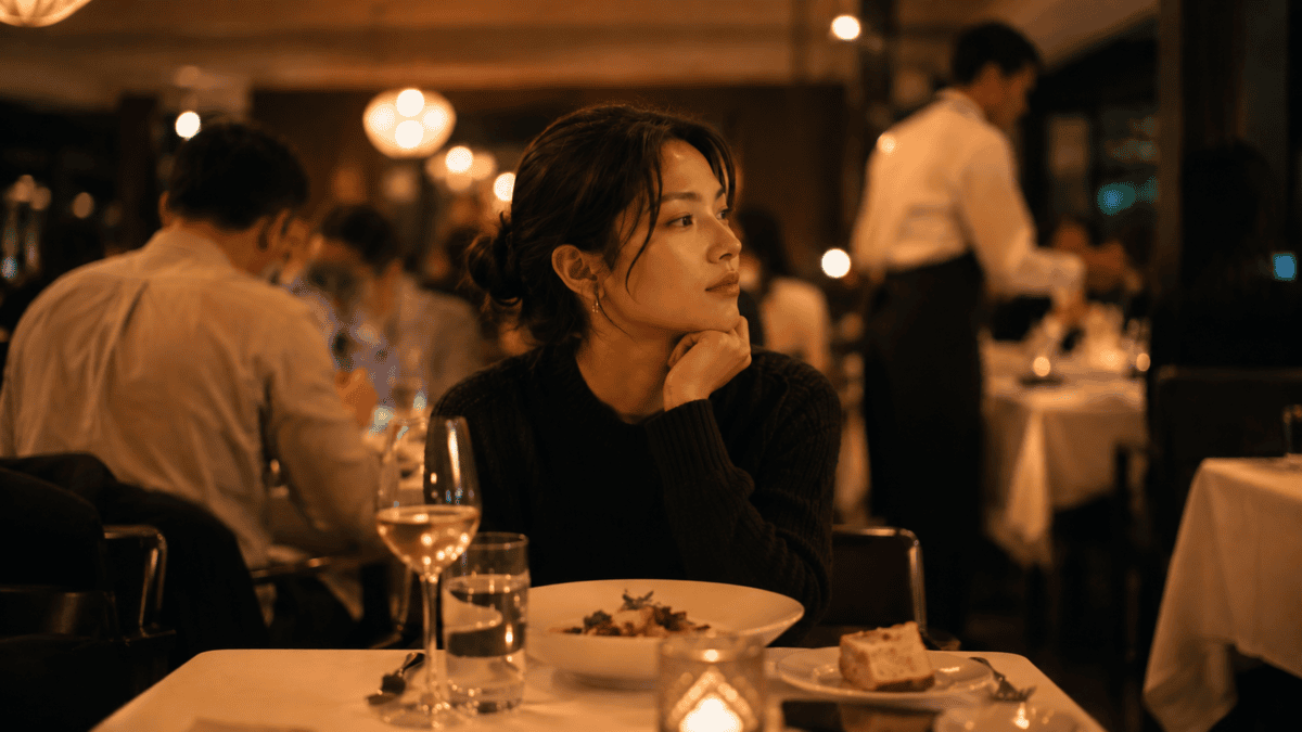 Woman alone at a candlelit restaurant table, untouched food, the ache of feeling lonely in a relationship.