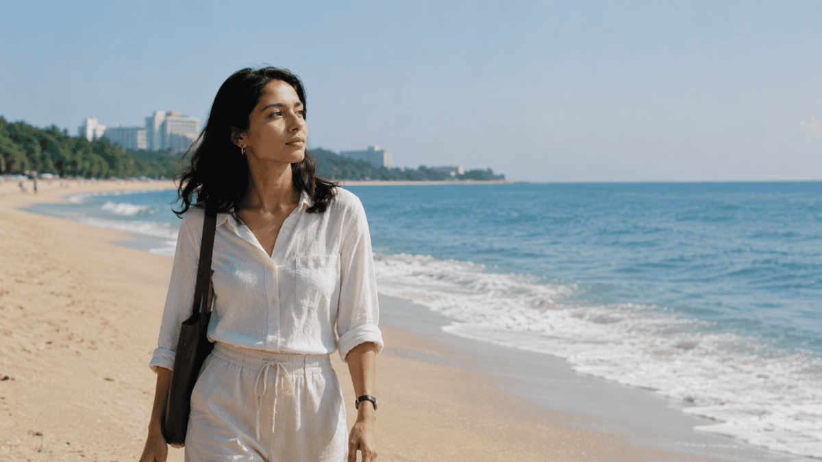 Woman walks alone along the shore in bright summer light, just walking, her attention finally her own again.